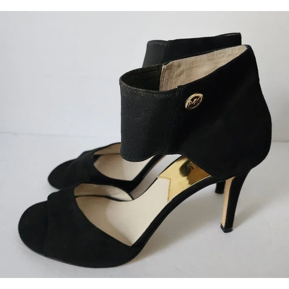 Michael Kors Women’s Suede Sandals 10 Open Toe Stretch Ankle Strap Logo Black